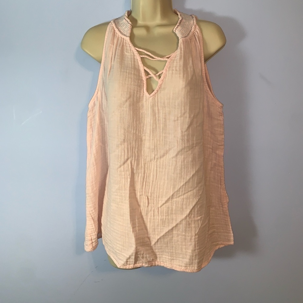 Michael stars gauzy cotton powder pink “lace up” tank collar stitching medium
